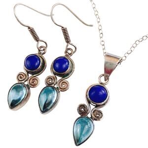 VTG Sterling Silver Pendant Necklace & Earrings Set, Topaz & Glass Stones, Y2K